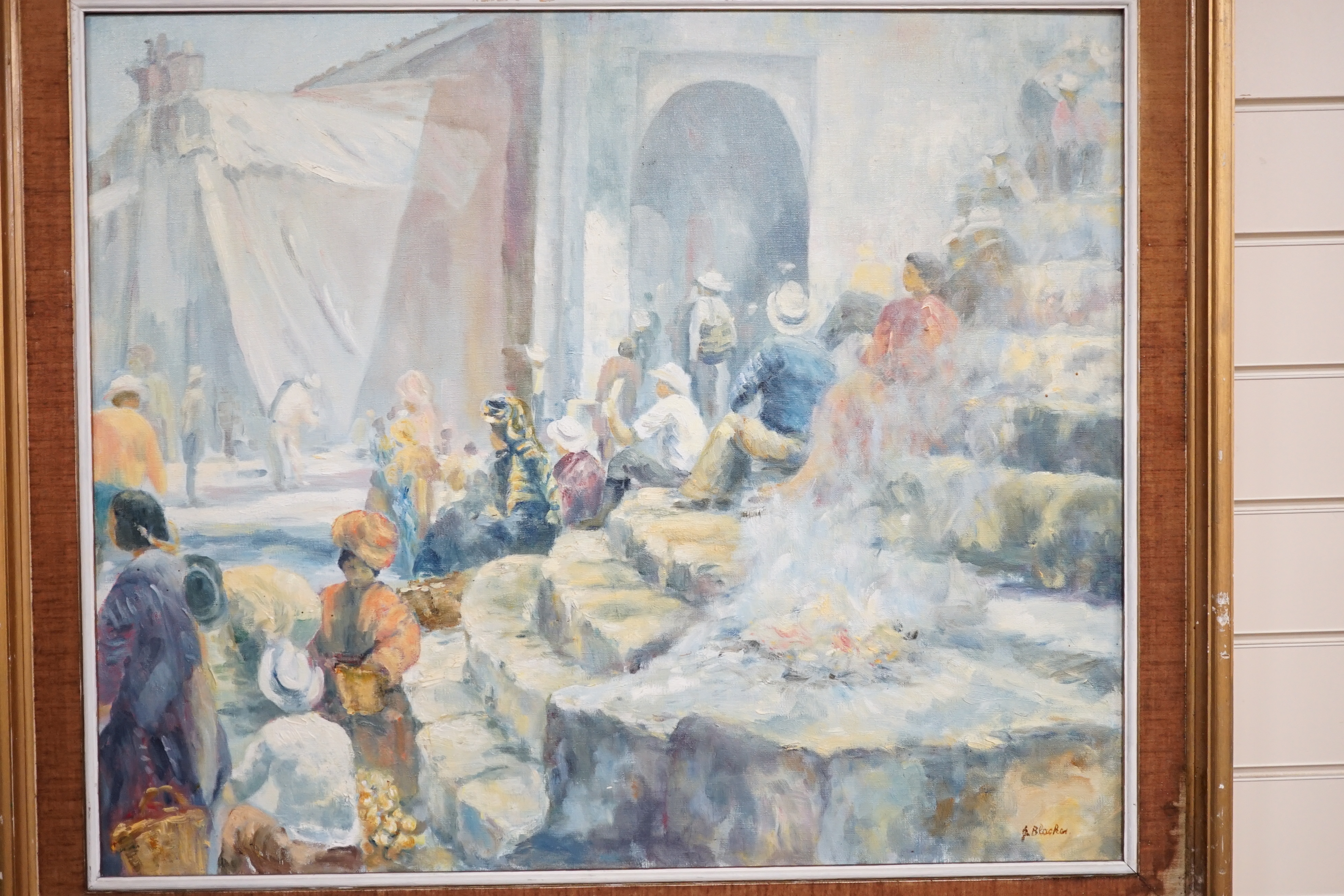 P. Blaker, Impressionist oil on canvas, Street scene with figures, signed, 62 x 75cm. Condition - fair to good